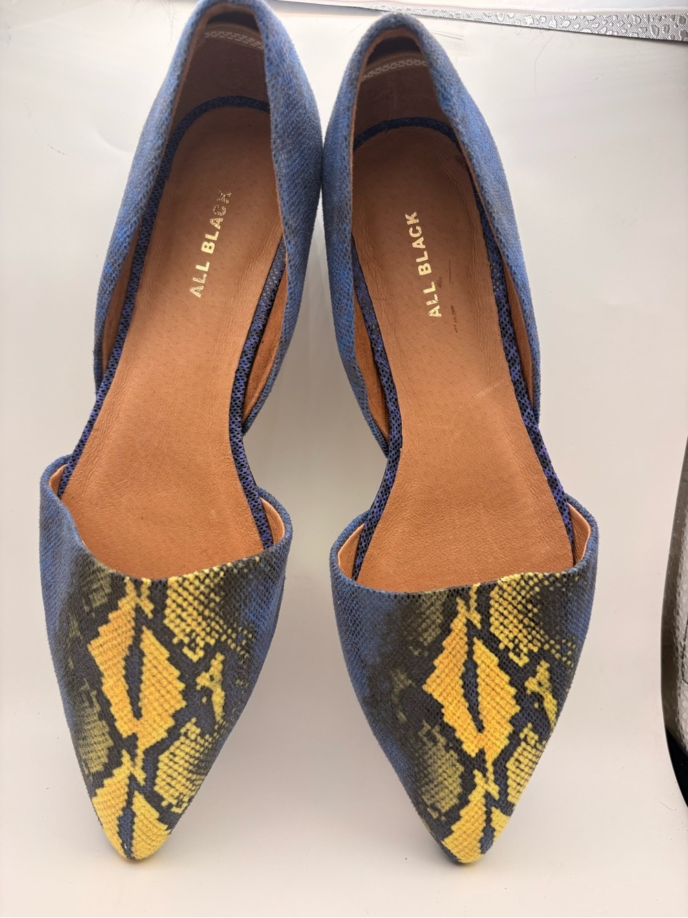 All Black Blue Pointed D'Orsay Flats with Yellow Snake-Print Accent